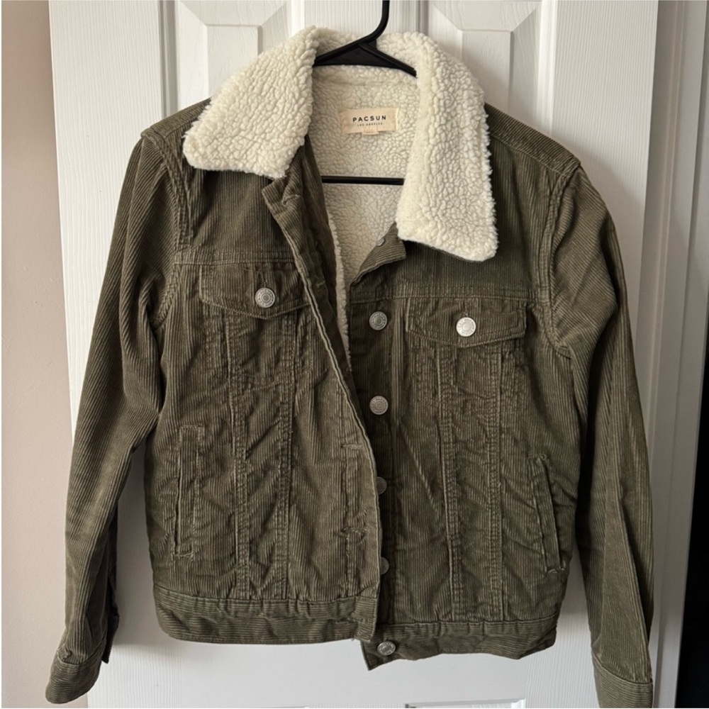 PACSUN Sherpa-Lined Corduroy Jacket - Olive with Cream Collar